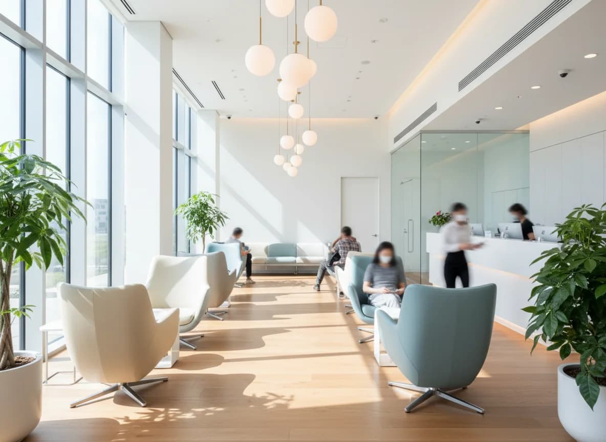 A bright modern ENT clinic waiting area filled with patients