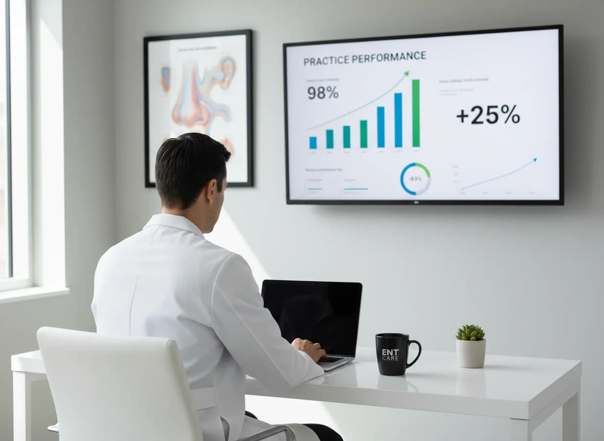 ENT physician reviewing a practice performance dashboard at his desk