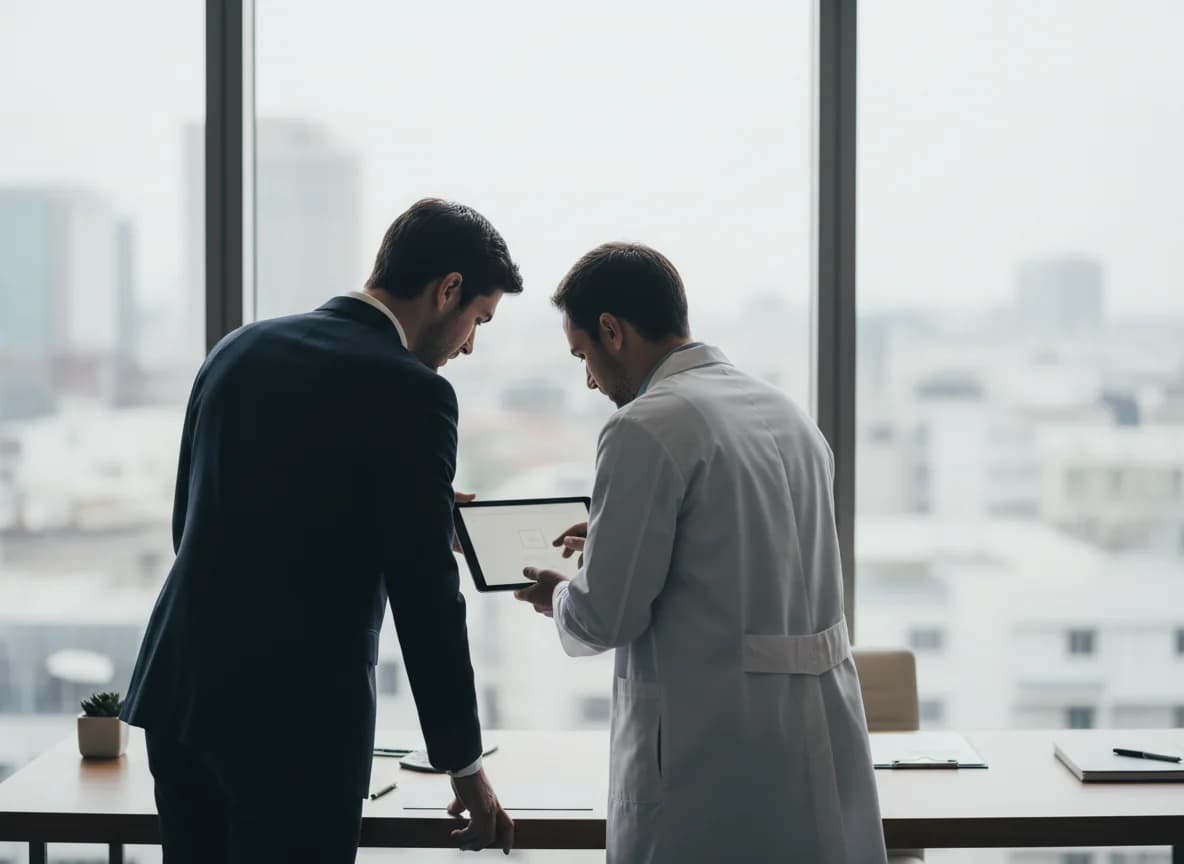 Two professionals collaborating over a tablet at a sunlit desk