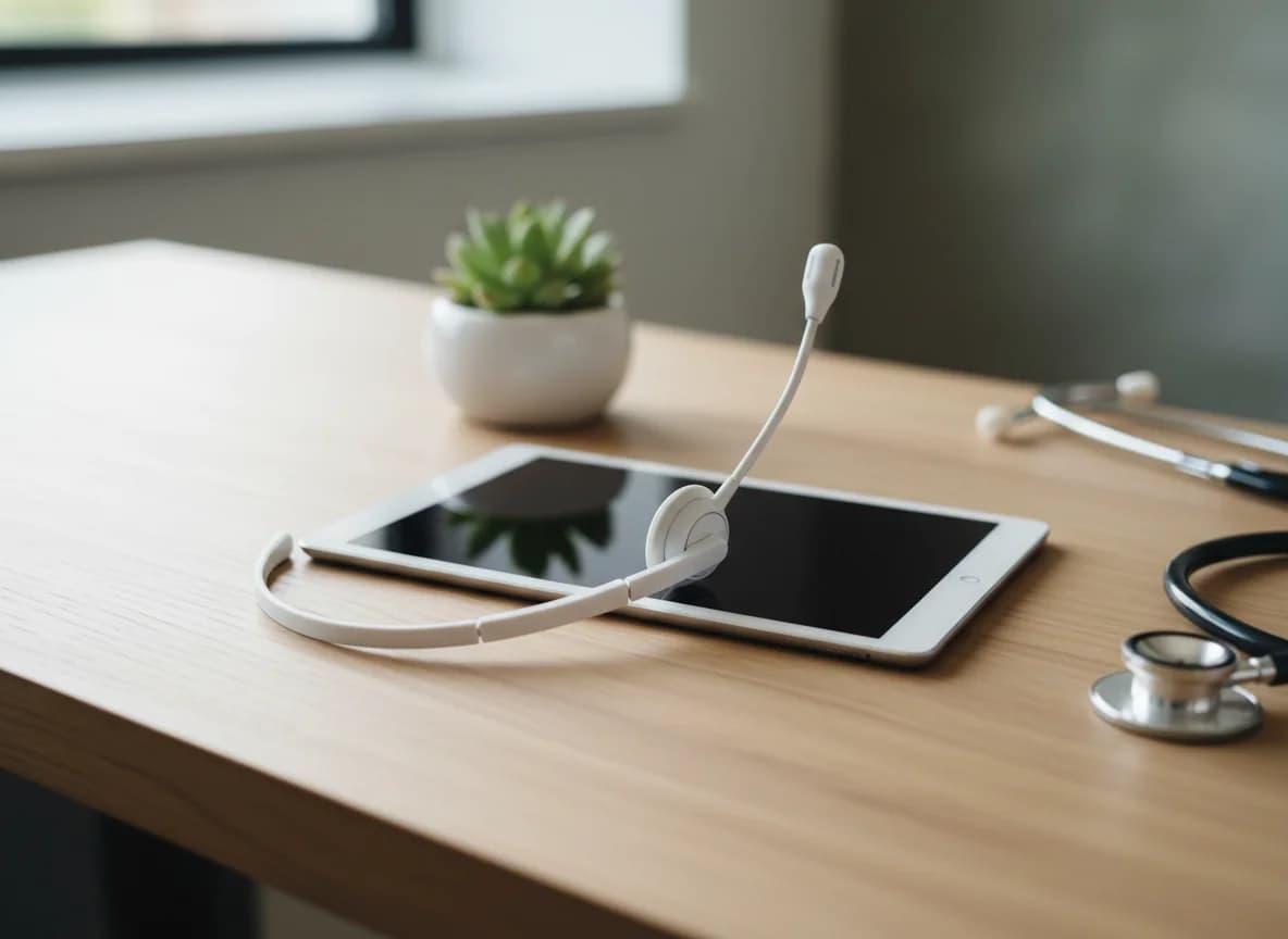 A wireless headset and tablet on a modern medical office desk
